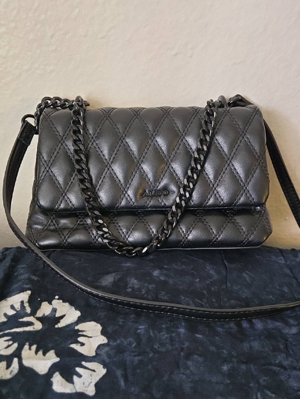 ALDO Black Quilted Mini Crossbody Bag Chain Strap Faux Leather